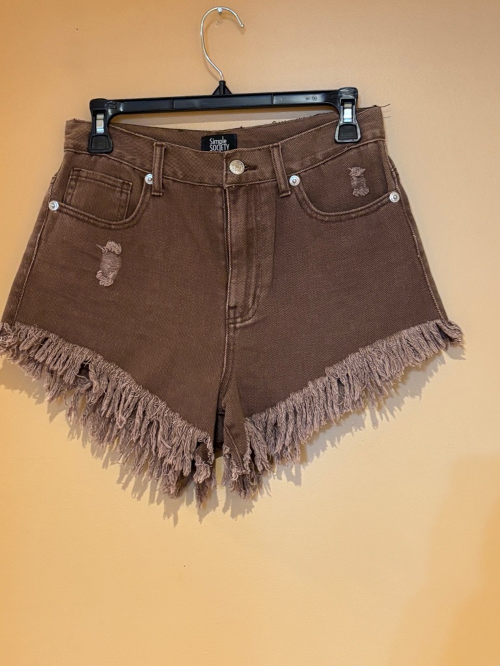 Simple Society Brown Frayed Hem High-Rise Jean Shorts